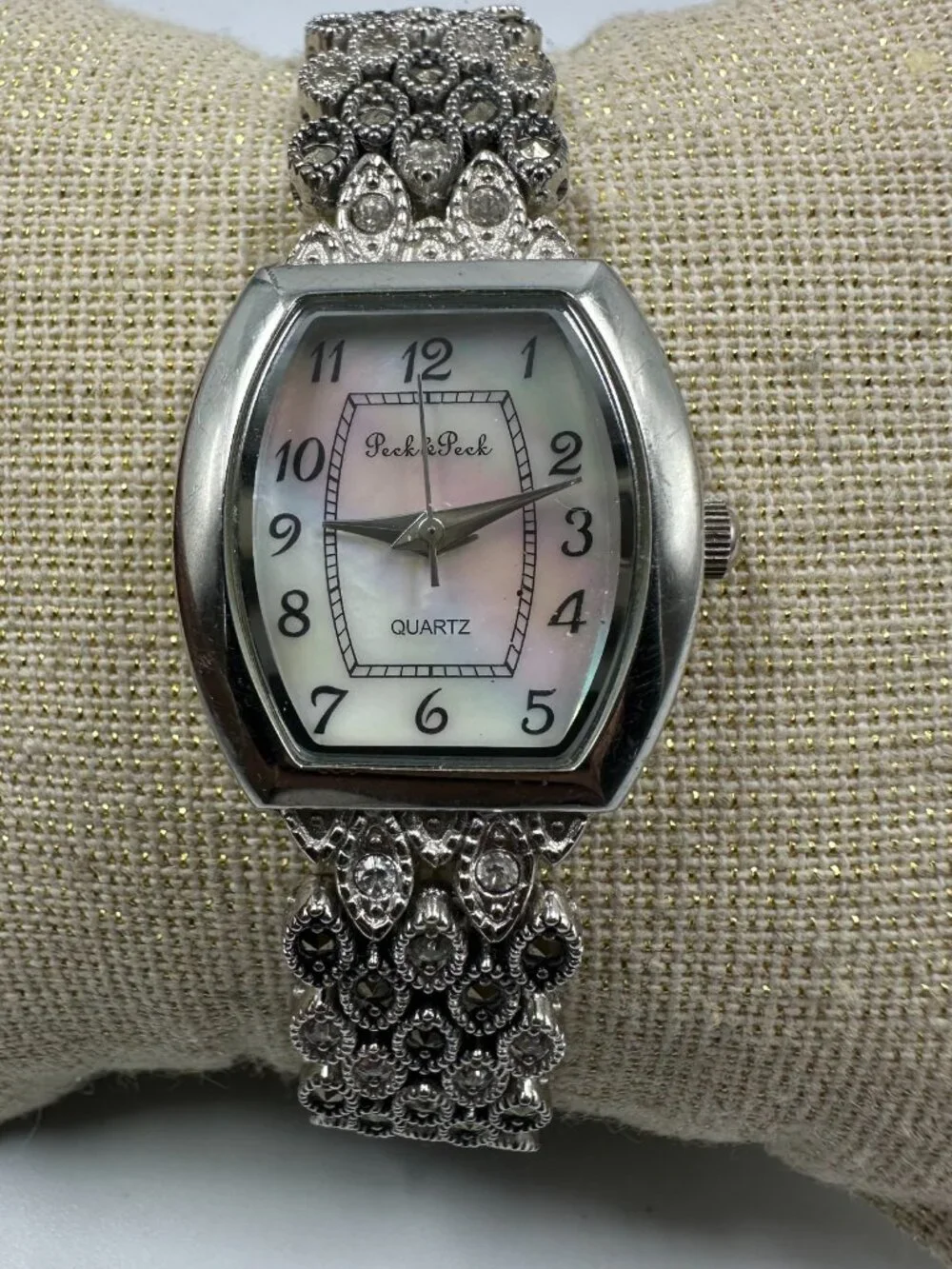 Peck & Peck Watch Silver Tone Marcasite Band MOP Dial New Battery 7 Inch